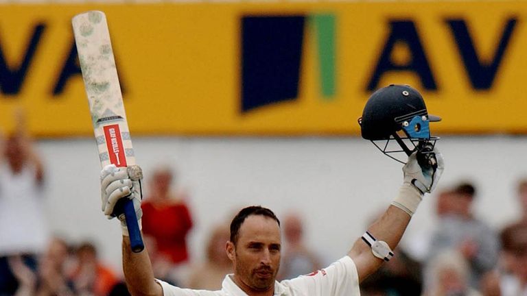 Nasser Hussain celebrates his hundred against India at Headingley in 2002