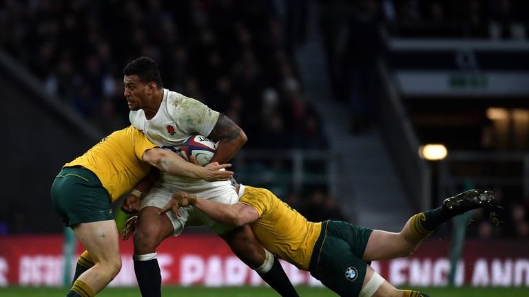 Nathan Hughes looks to barge through the Wallaby defence