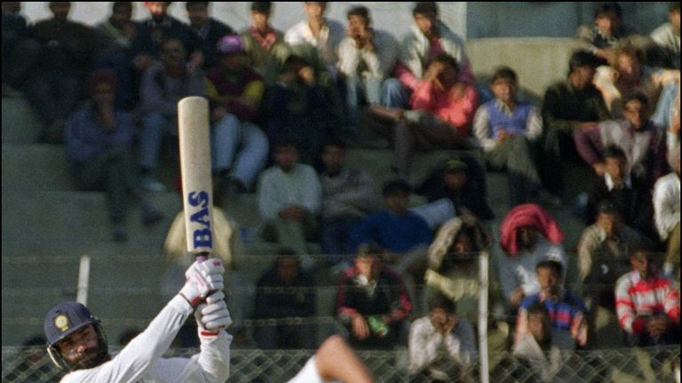 NEW DELHI, INDIA:  Indian opener Navjot Singh Sidhu strikes during his match-winning innings of 130 not out against England at New Delhi 13 January 1993. T