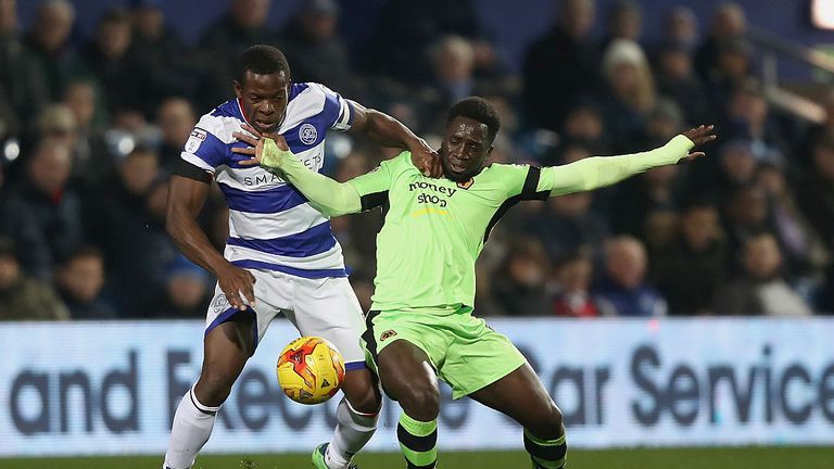 Nedum Onuocha of QPR (L) and Nouha Dicko of Wolves (R) battle for possession during the Sky Bet Championship match between 