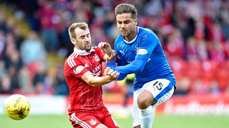 Aberdeen's Niall McGinn and Harry Forrester of Rangers (R) challenge for the ball