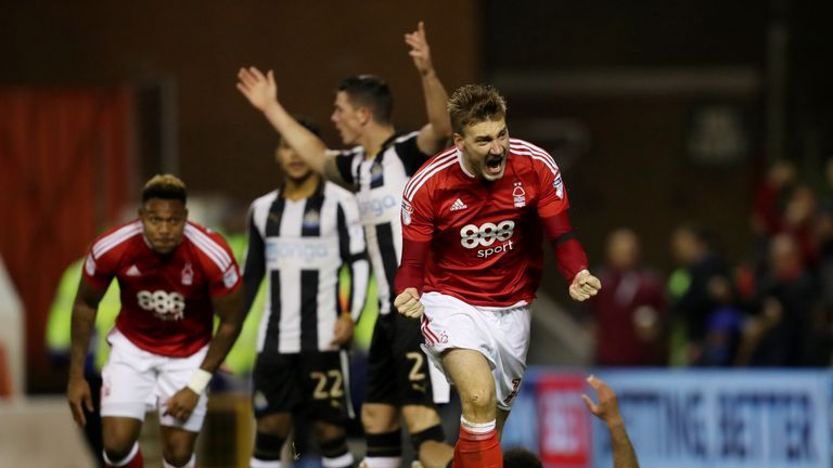 Nottingham Forest's Nicklas Bendtner celebrates scoring his side's first goal of the game during the Sky Bet Championship match at the City Ground, Notting