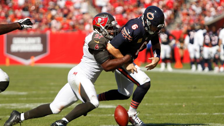 TAMPA, FL - NOVEMBER 13:  Defensive end Noah Spence #57 of the Tampa Bay Buccaneers sacks quarterback Jay Cutler #6 of the Chicago Bears leading to the tur