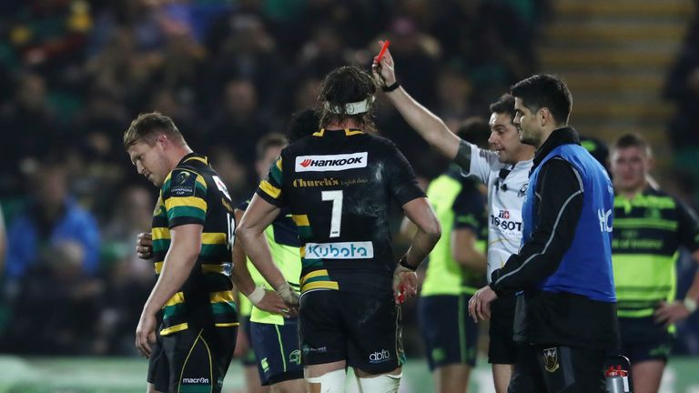 NORTHAMPTON, ENGLAND - DECEMBER 09:  Dylan Hartley of Northampton walks off the pitch after being shown the red card by referee Jerome Garces during the Eu