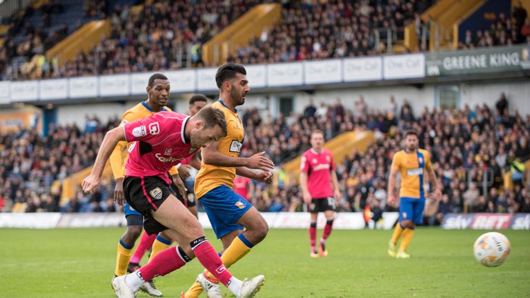 MANSFIELD, ENGLAND - OCTOBER 08: Alex Rodman of Notts County scores during the Sky Bet League Two match between Mansfield Town and Notts County at One Call