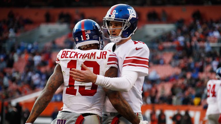 CLEVELAND, OH - NOVEMBER 27:  Odell Beckham #13 of the New York Giants celebrates his touchdown with Eli Manning #10 during the fourth quarter against the 