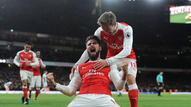 Olivier Giroud celebrates after scoring Arsenal's winner against West Brom