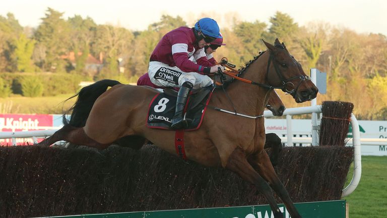Outlander ridden by Jack Kennedy jumps the last to win The Lexus Steeplechase during day three of the Christmas Festival at Leopardstown Racecourse. PRESS 