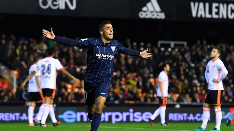 VALENCIA, SPAIN - DECEMBER 04:  Pablo Fornals of Malaga CF celebrates after scoring his team's first goal during the La Liga match between Valencia CF and 
