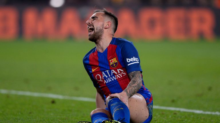 Barcelona's forward Paco Alcacer reacts after missing a goal opportunity during the Spanish Copa del Rey (King's Cup) round of 32 second leg football match