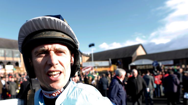 NAAS, IRELAND - APRIL 26:   Paddy Brennan after riding God's Own to win The Boylesports Champion Steeplechase from Vautour at Punchestown racecourse on Apr