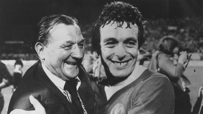 Liverpool manager Bob Paisley embraces Ian Callaghan after winning the European Cup