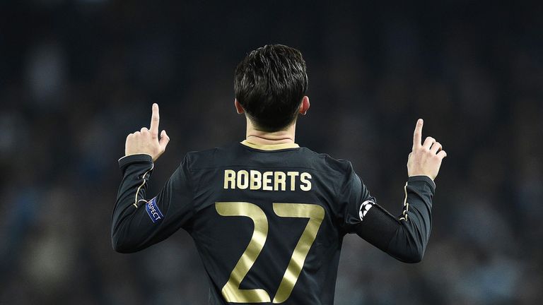 Patrick Roberts celebrates his goal during against parent club Manchester City in the Champions League