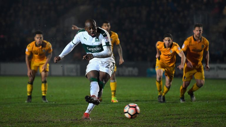 NEWPORT, WALES - DECEMBER 21: Paul Garita of Plymouth misses his penalty during extra time during The Emirates FA Cup Second Round Replay between Newport C
