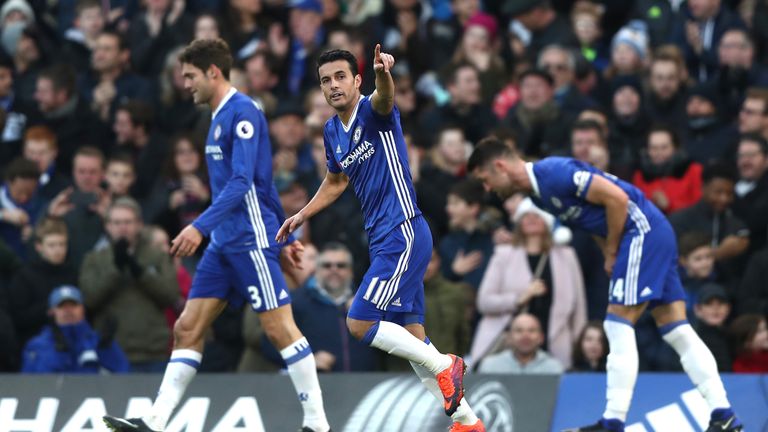 LONDON, ENGLAND - DECEMBER 26: Pedro of Chelsea celebrates after scoring his sides first goal during the Premier League match between Chelsea and AFC Bourn