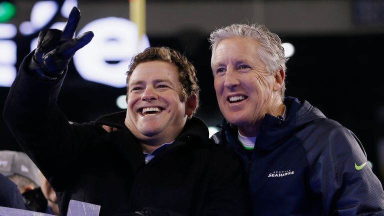 EAST RUTHERFORD, NJ - FEBRUARY 02:  (L-R) John Schneider, General Manager of the Seattle Seahawks and head coach Pete Carroll celebrates after their 43-8 v