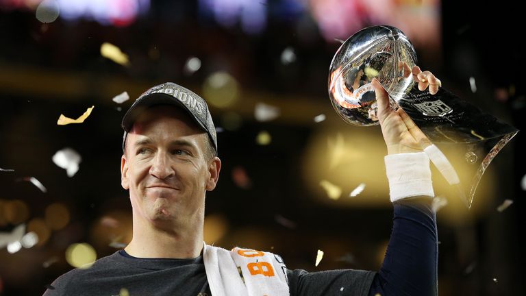 Peyton Manning celebrates with the Vince Lombardi Trophy after Super Bowl 50