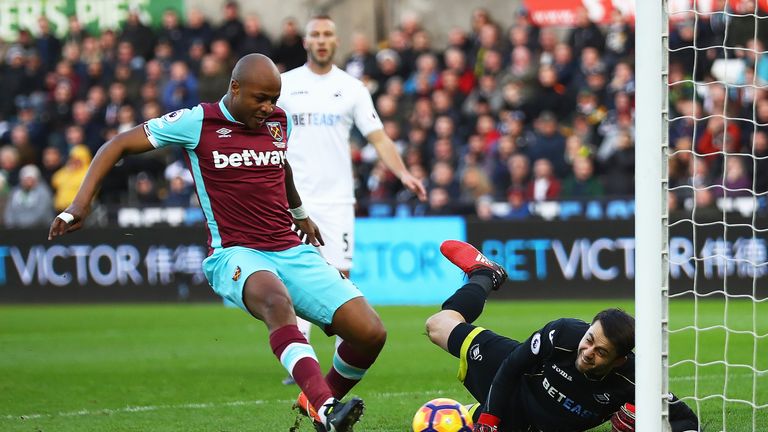 Andre Ayew scores the opening goal for West Ham United against Swansea City