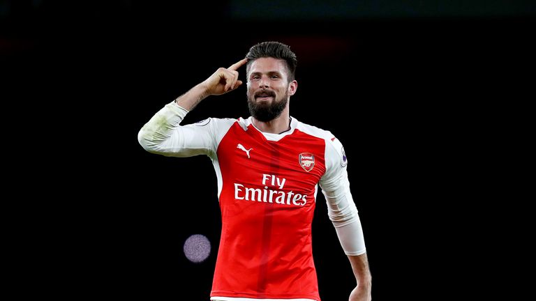 Olivier Giroud celebrates his match winning goal in the game against West Bromwich Albion