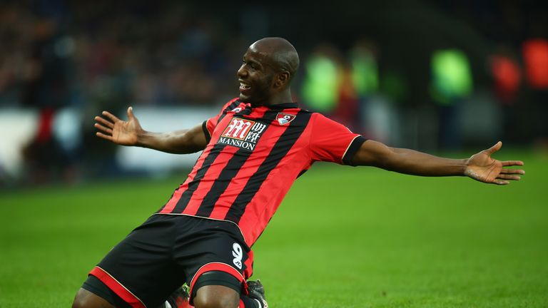 Benik Afobe celebrates after his strike gives Bournemouth a 1-0 lead