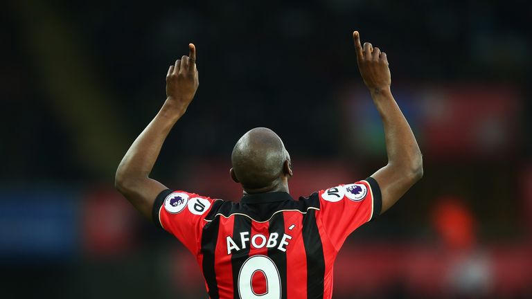 Benik Afobe celebrates after his strike gives Bournemouth a 1-0 lead