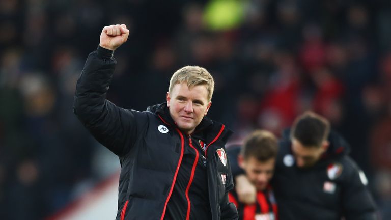 BOURNEMOUTH, ENGLAND - DECEMBER 04:  Eddie Howe manager of AFC Bournemouth celebrates victory after the Premier League match between AFC Bournemouth and Li