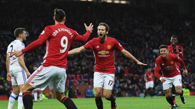 Daley Blind celebrates after putting Manchester United 1-0 up at Old Trafford
