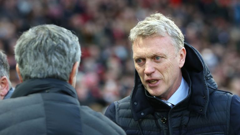 Jose Mourinho greets David Moyes ahead of the match at Old Trafford