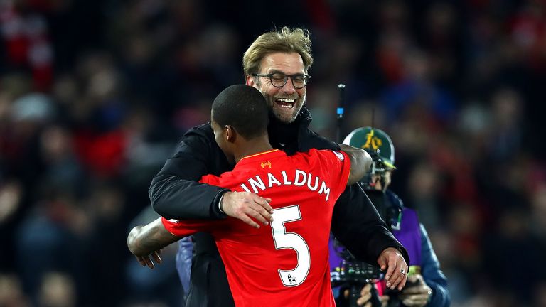 Georginio Wijnaldum and Jurgen Klopp celebrate the 1-0 win over Manchester City