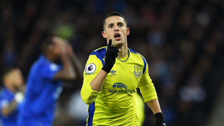 Kevin Mirallas celebrates after opening the scoring at the King Power Stadium