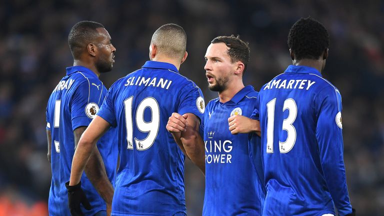 Wes Morgan, Islam Slimani, Danny Drinkwater and Daniel Amartey lineup in the wall