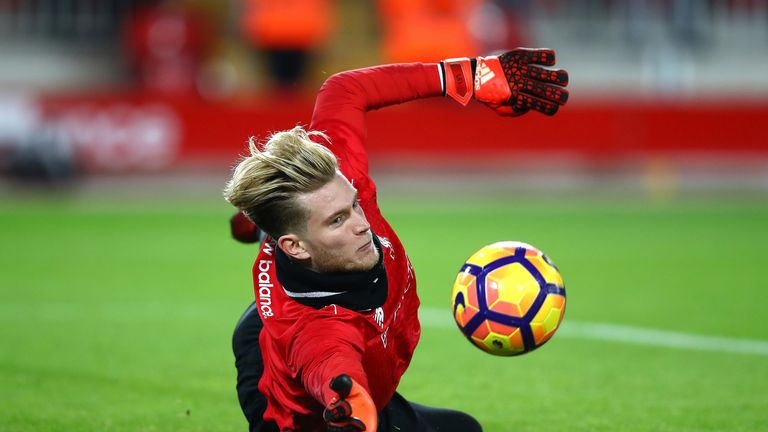 Loris Karius warms up before Liverpool's home match with Manchester City