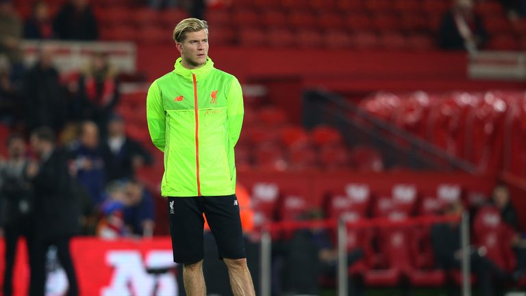 Loris Karius looks on during the warm up after being dropped to the Liverpool bench
