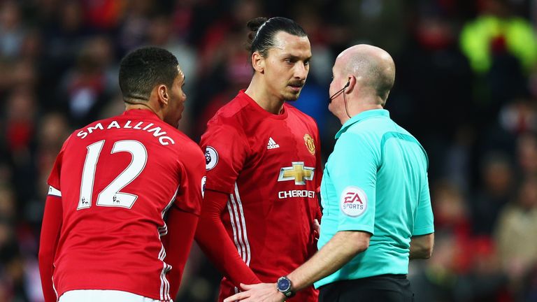 Zlatan Ibrahimovic speaks to referee Lee Mason after his goal was disallowed