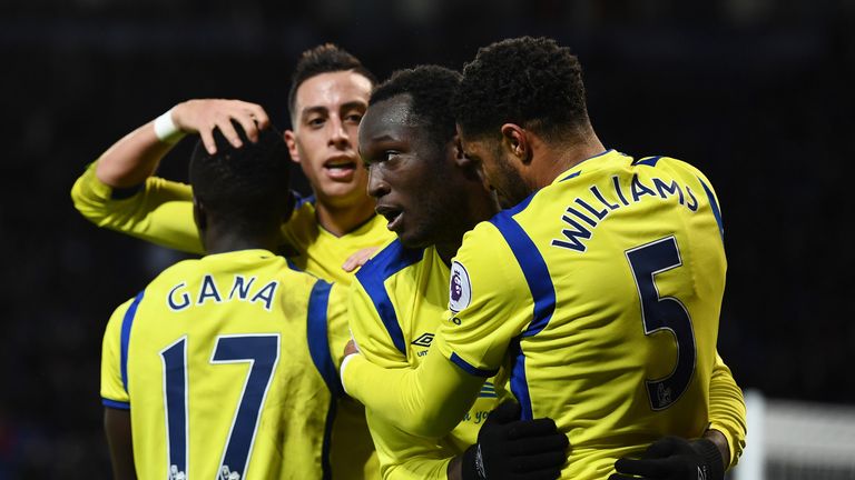 Romelu Lukaku celebrates with team-mates after scoring his Everton's second