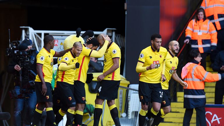 Troy Deeney celebrates scoring Watford's equaliser against Crystal Palace