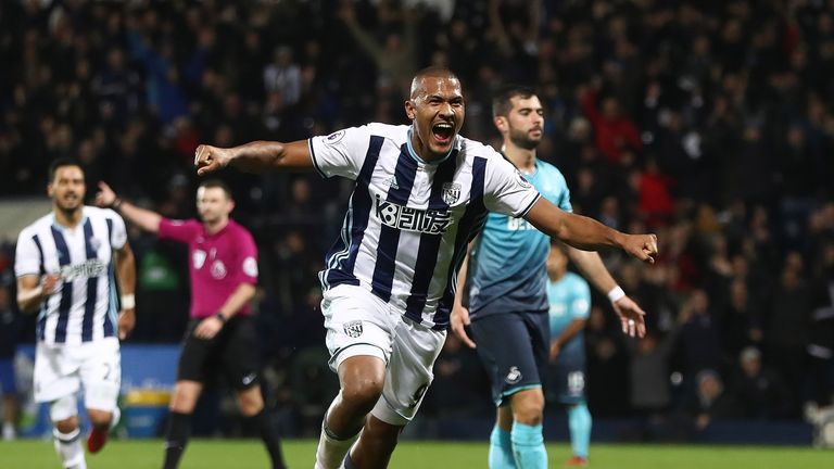 Salomon Rondon celebrates his hat-trick during a 3-1 win for West Bromwich Albion