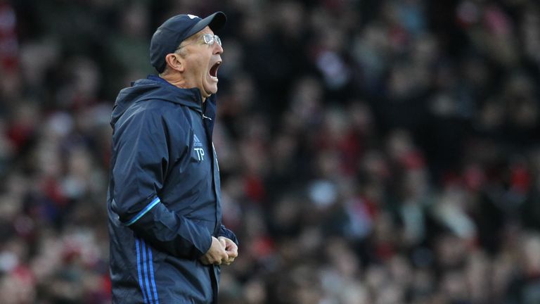 West Bromwich Albion's head coach Tony Pulis gestures on the touchline 