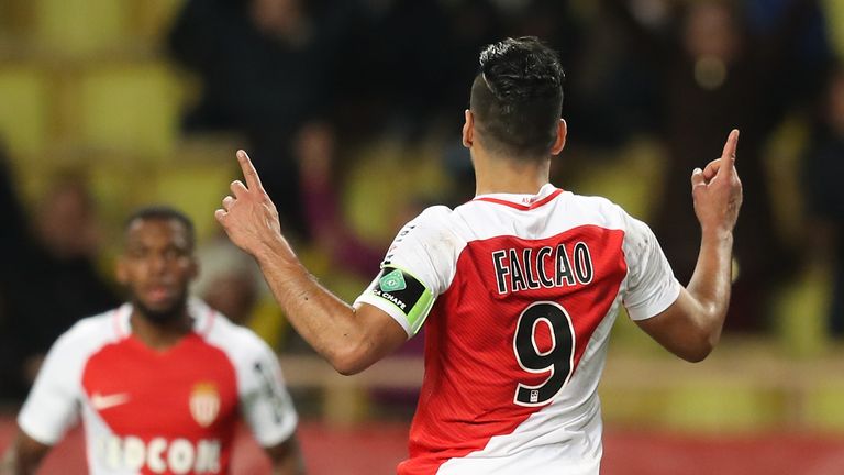 Monaco's Colombian forward Radamel Falcao celebrates after scoring against Bastia
