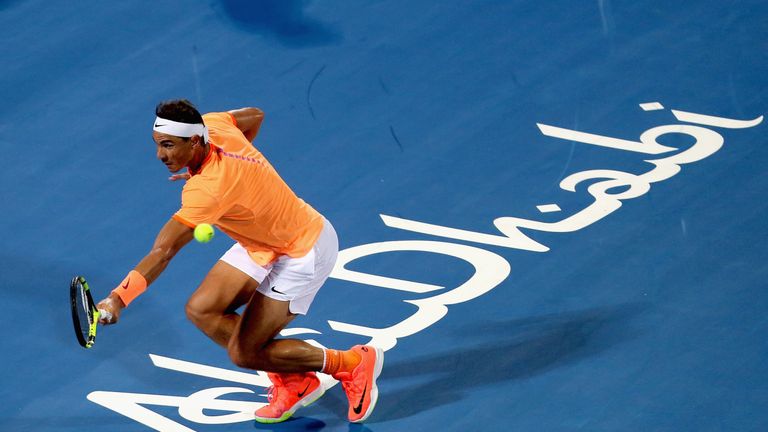 Rafael Nadal of Spain in action during his men's singles match against Tomas Berdych at Mubadala World Tennis Championship