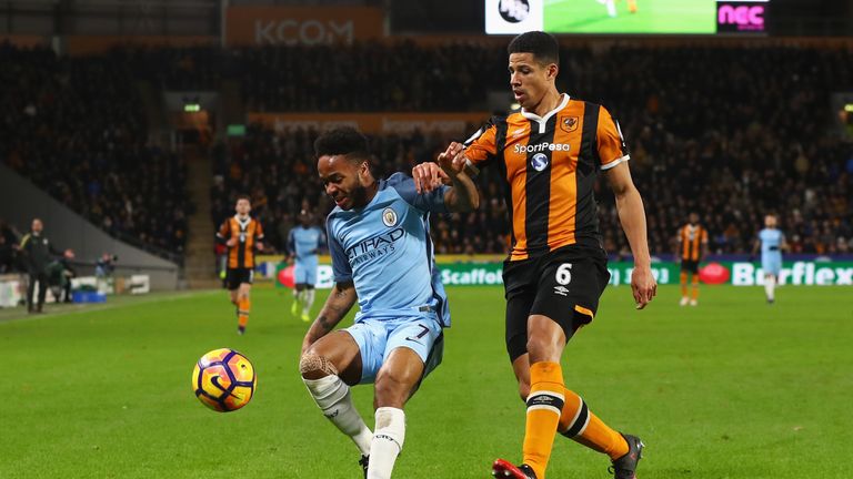 Raheem Sterling is closed down by Curtis Davies