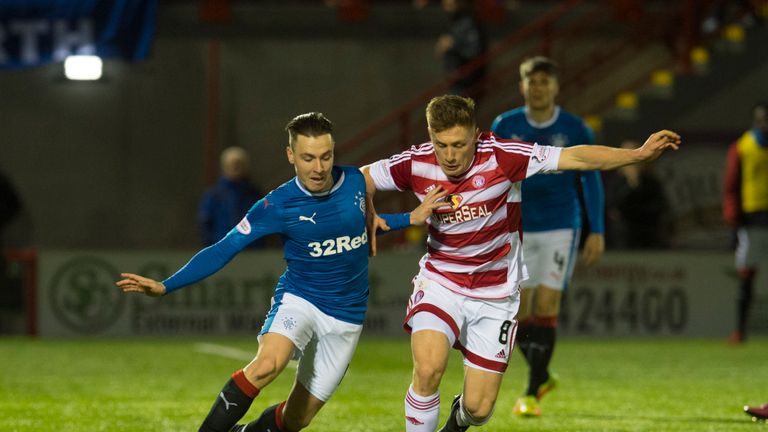 Rangers' Barrie McKay battles for the ball against Hamilton's Greg Docherty