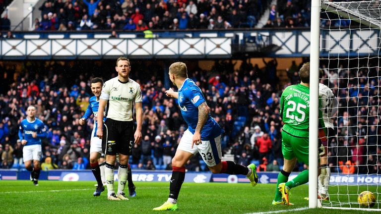 Rangers' Martyn Waghorn celebrates after his shot finds the back of the net