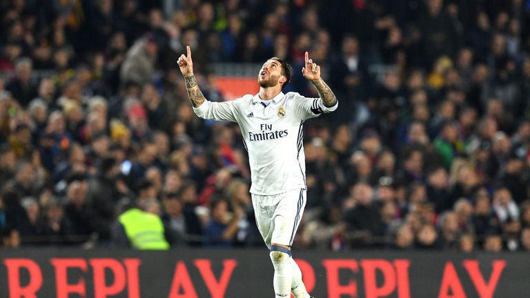 Sergio Ramos celebrates his equaliser for Real Madrid