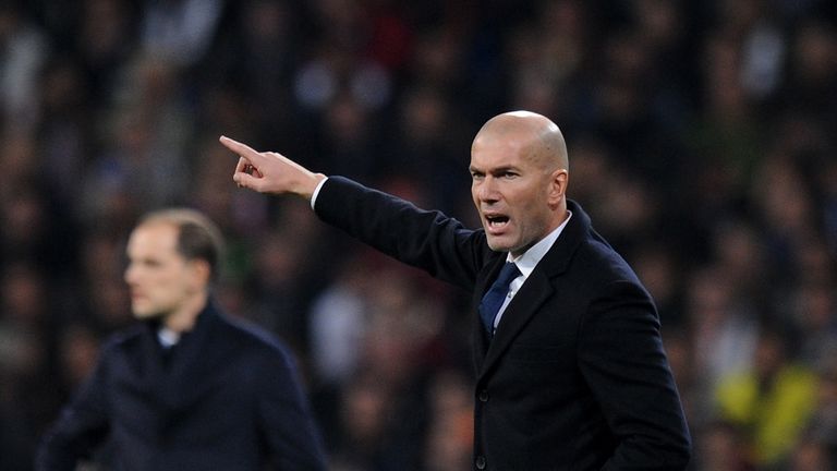 MADRID, SPAIN - DECEMBER 07: Zinedine Zidane, Manager of Real Madrid gives his team instructions during the UEFA Champions League Group F match between Rea