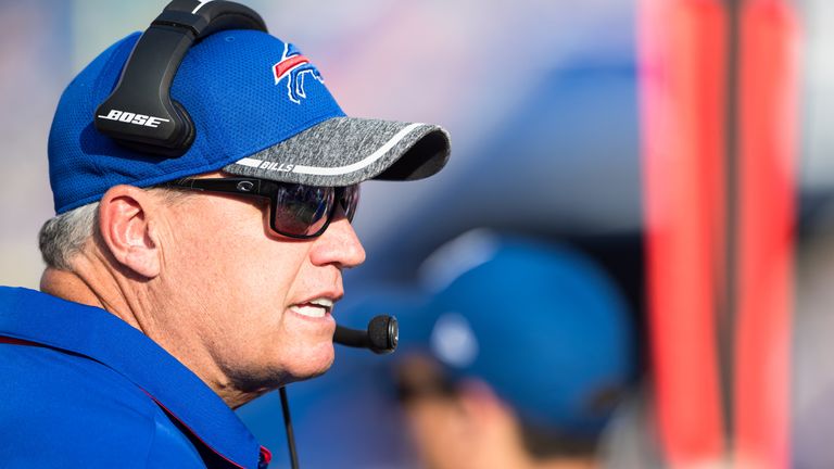 ORCHARD PARK, NY - AUGUST 20:  Head coach Rex Ryan of the Buffalo Bills speaks to players and coaches on the sideline during the second half against the Ne