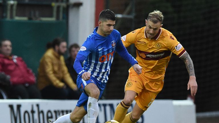 Motherwell's Richard Tait battles for the ball against Kilmarnock's Jordan Jones (left)