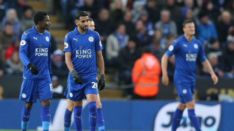 LEICESTER, ENGLAND - NOVEMBER 26: Riyad Mahrez (L) and Leicester City players show their dejection after Middlesbrough's first goal during the Premier Leag