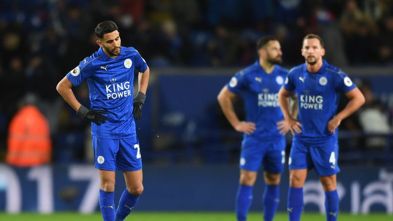 LEICESTER, ENGLAND - DECEMBER 26:  a dejected Riyad Mahrez (L) of Leicester City and teammates look on during the Premier League match between Leicester Ci