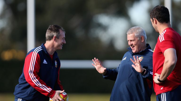 MELBOURNE, AUSTRALIA - JUNE 28:  Warren Gatland, the Lions head coach jokes with attack coach Rob Howley (L) and Andy Farrell (R) during the British and Ir